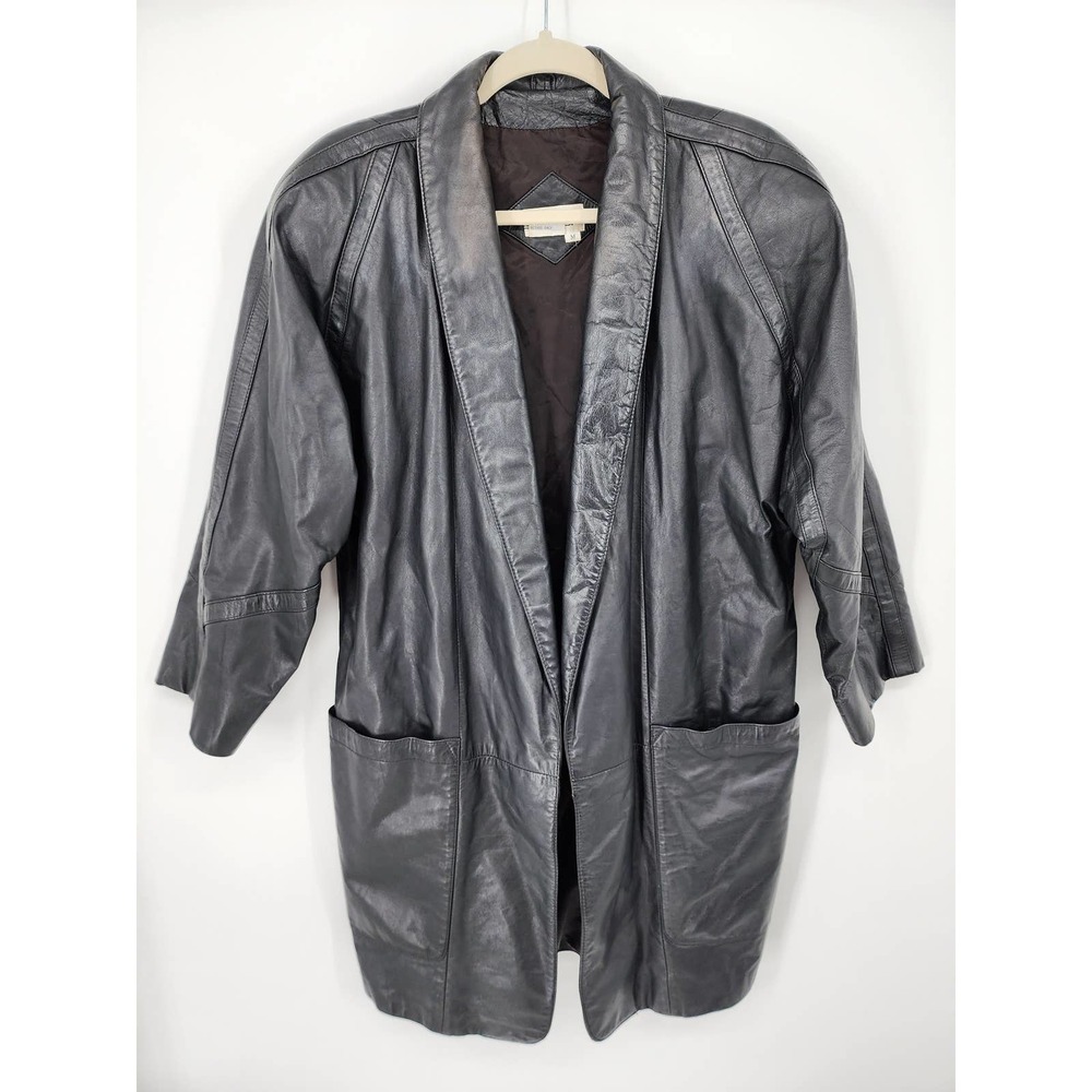 Vintage Tibor Leather Jacket Coat M Shawl Collar Oversized 100% Genuine Black